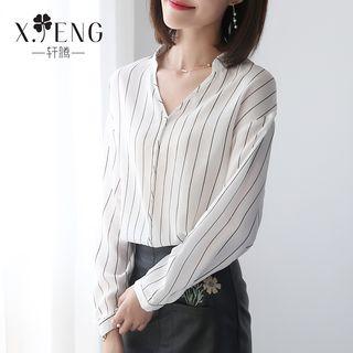 Long-sleeved Straight Chiffon Striped V-neck Blouse