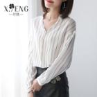 Long-sleeved Straight Chiffon Striped V-neck Blouse