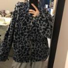Leopard Print Fleece Zip-up Jacket Leopard - Black & Gray - One Size