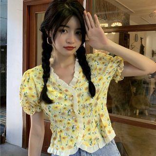 Puff-sleeve Ruffle Trim Button-up Floral Crop Top