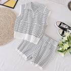 Set Of 2 : Lapel Striped Knit Tank Top + Striped Knit Shorts Stripes - Black & White - One Size