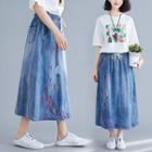 Embroidered Ripped A-line Midi Denim Skirt