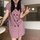 Short-sleeve Collar Plaid Double-breasted Mini Dress