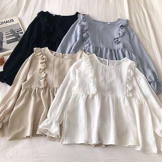 Plain Crewneck Ruffled-trim Long-sleeve Blouse
