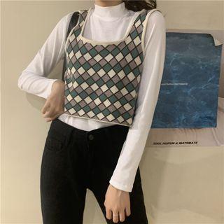 Pattern Printed Knit Camisole / Long-sleeve Plain Top