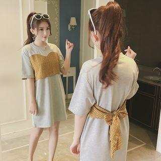 Mock Two Piece Printed Panel Elbow Sleeve T-shirt Dress