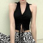 Polo-neck Sleeveless Drawstring Top / Zebra Print Wide Leg Pants