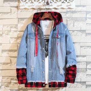 Mock Two-piece Plaid Panel Hooded Denim Jacket