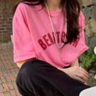 Round Neck Lettering Print Short Sleeve T-shirt Cherry Blossom Pink - One Size