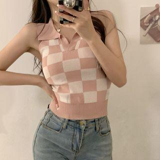 Halter-neck Checker Print Collared Knit Top