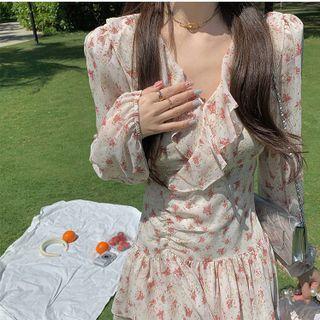 Long-sleeve Ruffle Floral Mini Smock Dress