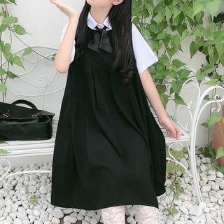 Plain Short-sleeve Shirt / Tie / Midi Jumper Dress / Set