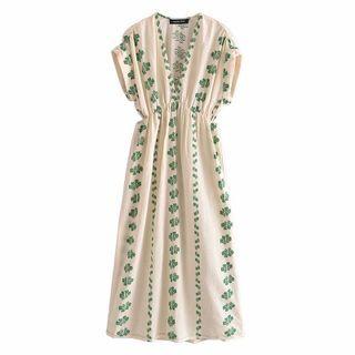 Batwing-sleeve Print Midi A-line Dress