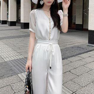 Set: Short-sleeve Satin Blouse + Wide Leg Pants
