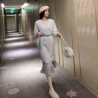 Set: Long-sleeve Sweater Dress + Midi Skirt
