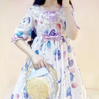 Elbow-sleeve Shell Print A-line Dress