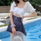 Set: Short-sleeve Drawstring Ruffle Swimdress+ Swim Shorts