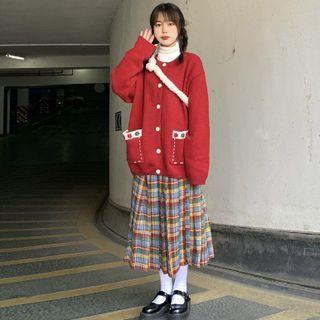 Set: Floral Embroidered Cardigan + Plaid Midi A-line Skirt
