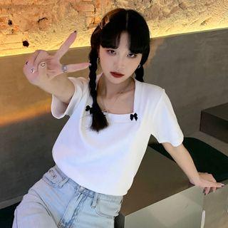 Short-sleeve Bow-accent Square-neck Top White - One Size