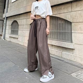 Drawstring Waist Plain Slit-side Wide-leg Pants