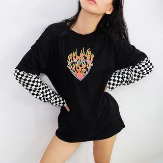Mock Two-piece Long-sleeve Heart Print T-shirt