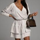 Long-sleeve V-neck Mini Tiered Dress