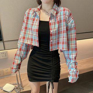 Set: Plaid Crop Shirt + Spaghetti Strap Drawstring Mini Sheath Dress