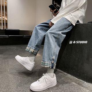 Check Trim Straight Leg Jeans
