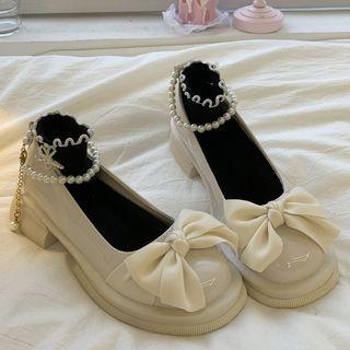 Block Heel Bow Faux Pearl Pumps
