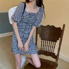 Puff Sleeve Square Neck Gingham A-line Dress
