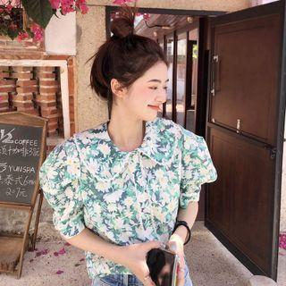 Short-sleeve Floral Top White & Green - One Size