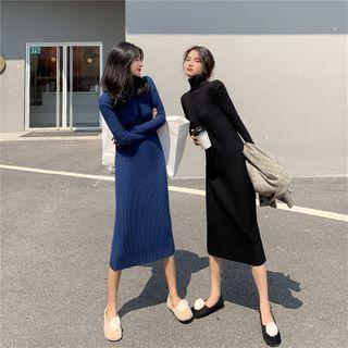 Mock-neck Plain Knit Skinny Dress
