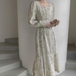 Square-neck Ruffled Printed Long Dress Light Beige - One Size