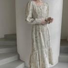 Square-neck Ruffled Printed Long Dress Light Beige - One Size