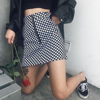 Front-zip Plaid Mini Pencil Skirt