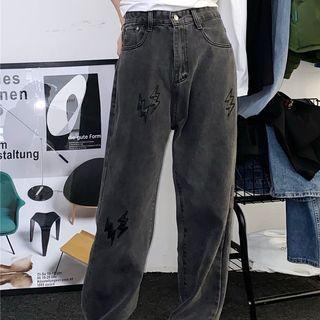 Lightning Bolt Embroidered Straight Leg Jeans