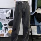 Lightning Bolt Embroidered Straight Leg Jeans