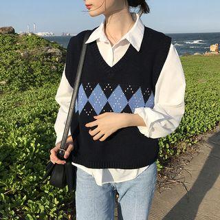 Geometric V-neck Sleeveless Knit Vest