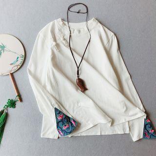 Long-sleeve Embroidered Panel Frog-button T-shirt