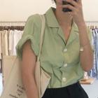 Elbow-sleeve Plain Shirt Green - One Size