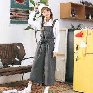 Plain Tie Waist Wide-leg Pinafore Jumpsuit
