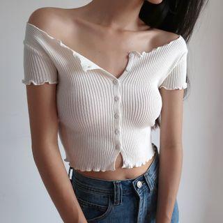 Plain V-neck Ruffled-trim Short-sleeve Rib-knit Top