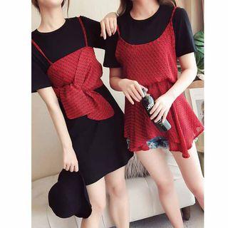 Patterned Panel Short Sleeve T-shirt / Set: Patterned Camisole Top + Short Sleeve T-shirt Dress