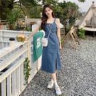 Sleeveless Slit Denim Midi A-line Dress / Off-shoulder Blouse