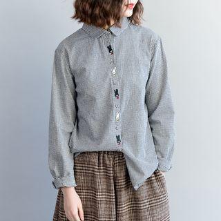 Rabbit Embroidered Gingham Shirt Plaid - Black - One Size