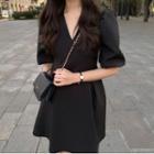 Puff-sleeve V-neck Plain A-line Mini Dress