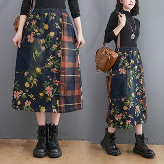 Floral Plaid Panel Midi A-line Skirt