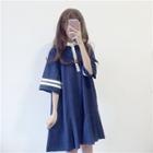 Striped Elbow-sleeve Collared Dress