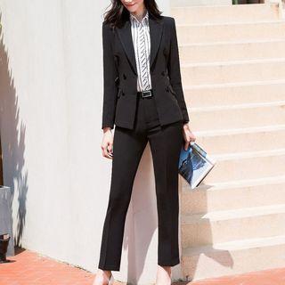 Set: Lace-up Blazer + Dress Pants + Striped Shirt / V-neck Blouse