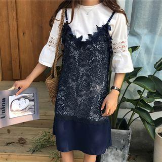 Set: Elbow-sleeve T-shirt + Spaghetti Strap Dress